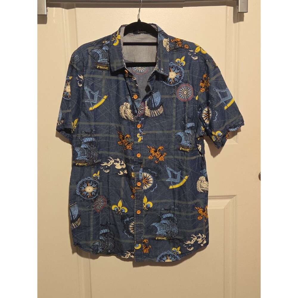 SSLR Mens Medium Nautical Shirt Sailing Ships Compass Sextant Fleur De Lis